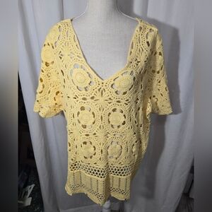 Roaman's Yellow Crochet V Neck Top Sz 22/24